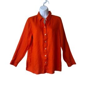 J. Jill Love Linen Orange Button Down Shirt Long Sleeve 100% Linen Womens Small